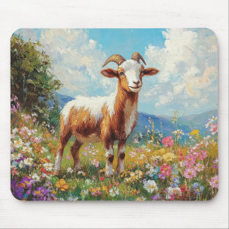 Cute Goat Colorful Wildflower Meadow Mouse Pad
