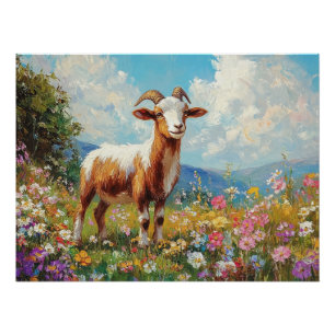 Cute Goat Colorful Wildflower Meadow Poster