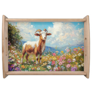 Cute Goat Colorful Wildflower Meadow Serving Tray