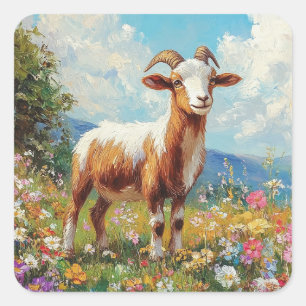 Cute Goat Colorful Wildflower Meadow Square Sticker