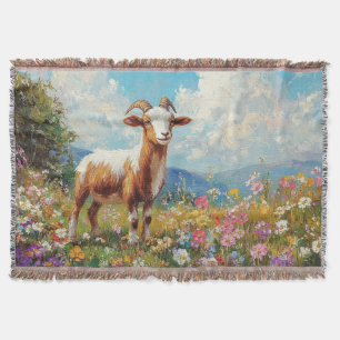 Cute Goat Colorful Wildflower Meadow Throw Blanket