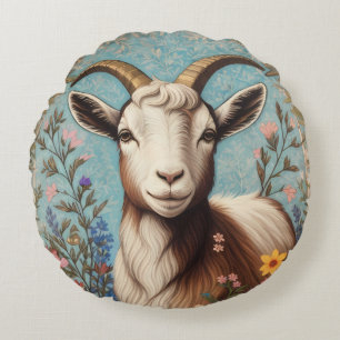 Cute Goat Elegant Colorful Floral Round Pillow