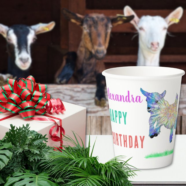 Cute Goat Farm Animal add Name Birthday Party Paper Cups (Cute goat jumping colorful farm animal art personalized birthday party paper cup)
