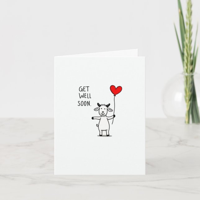 Cute Goat Get Well Soon Card with Heart Balloon (Front)