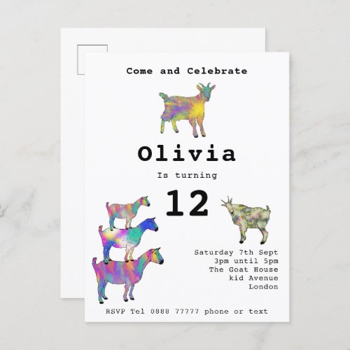 Cute Goat Girls Birthday Party Budget Invitation Postcard