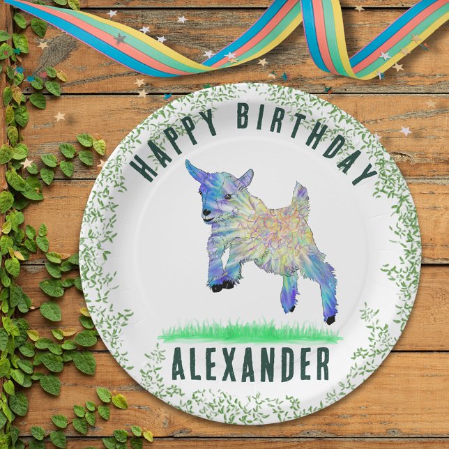 Cute Goat Happy Birthday Party Personalized Name Paper Plates (Cute goat themed personalized kids name birthday party paper plate with colorful jumping pigmy goat)