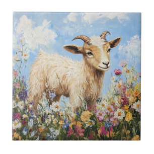 Cute Goat Surrounded By Wildflowers Ceramic Tile