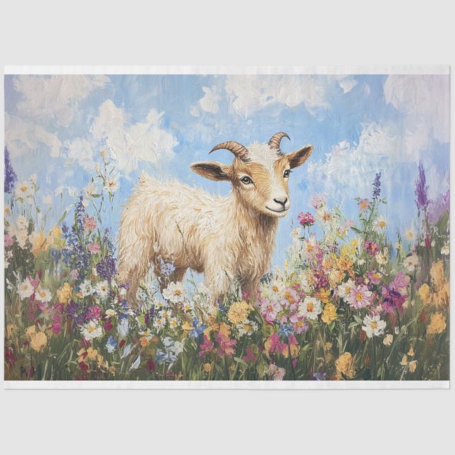 Cute Goat Surrounded By Wildflowers Decoupage Tissue Paper (Front)