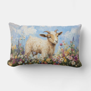 Cute Goat Surrounded By Wildflowers Lumbar Pillow