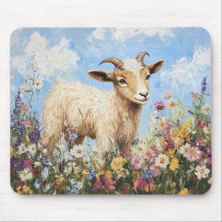 Cute Goat Surrounded By Wildflowers Mouse Pad