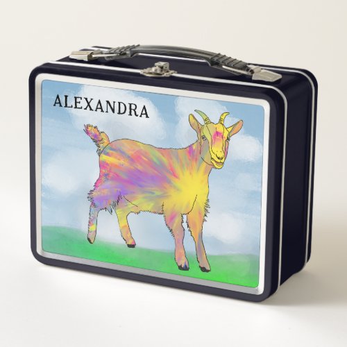 Cute Goat Watercolor Kids Name Metal Lunch Box