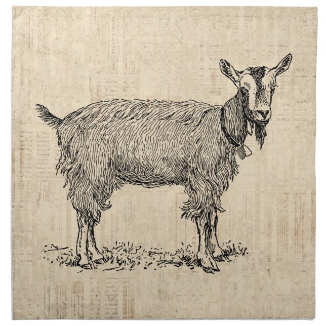 Cute Goat with Bell Illustration Antique Script Cloth Napkin (Front)