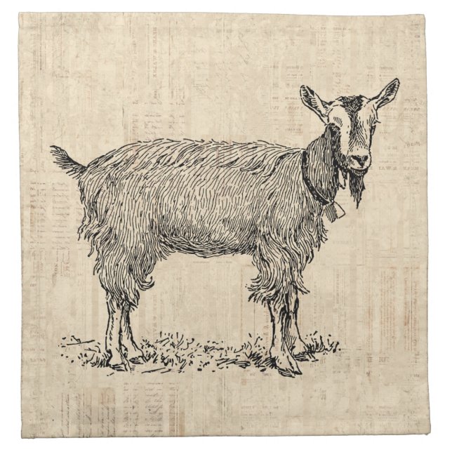 Cute Goat with Bell Illustration Antique Script Cloth Napkin (Front)