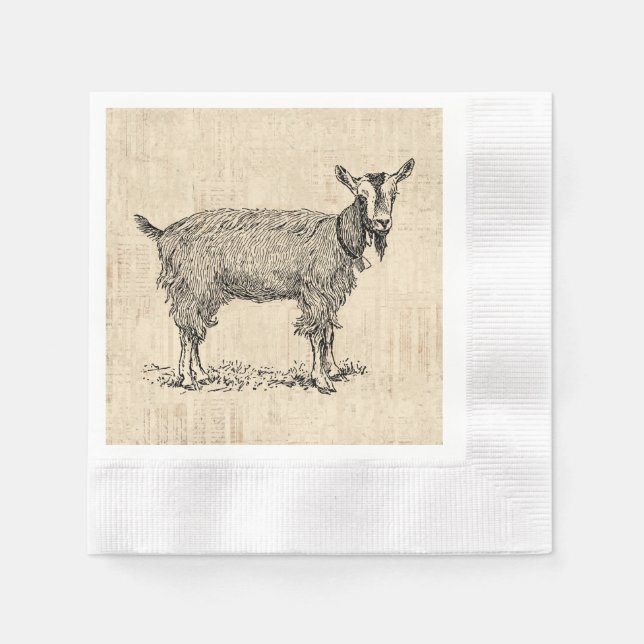 Cute Goat with Bell Illustration Antique Script Napkins (Front)