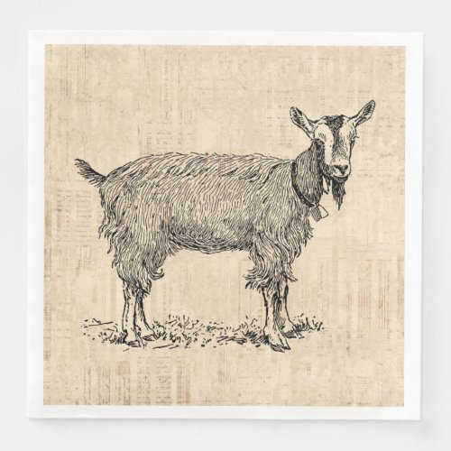 Cute Goat with Bell Illustration Antique Script Paper Dinner Napkins