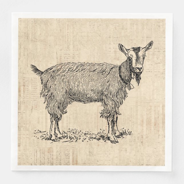 Cute Goat with Bell Illustration Antique Script Paper Dinner Napkins (Front)