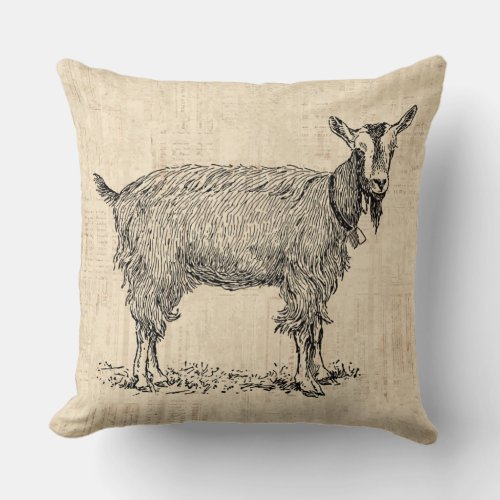 Cute Goat with Bell Illustration Antique Script Throw Pillow