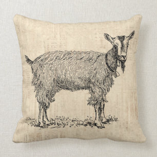 Cute Goat with Bell Illustration Antique Script Throw Pillow