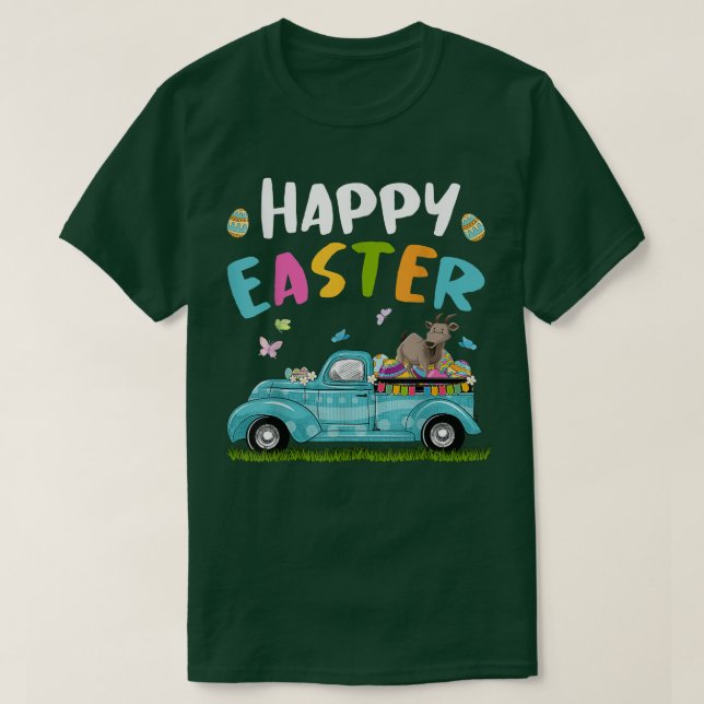 Cute Goat With Bunny Ears Egg Hunting Truck Easter T-Shirt (Design Front)