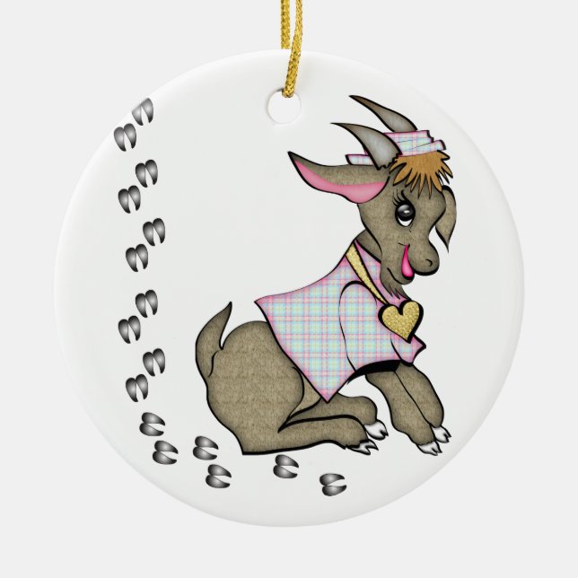 Cute Goat with HoofPrints Ceramic Ornament (Front)