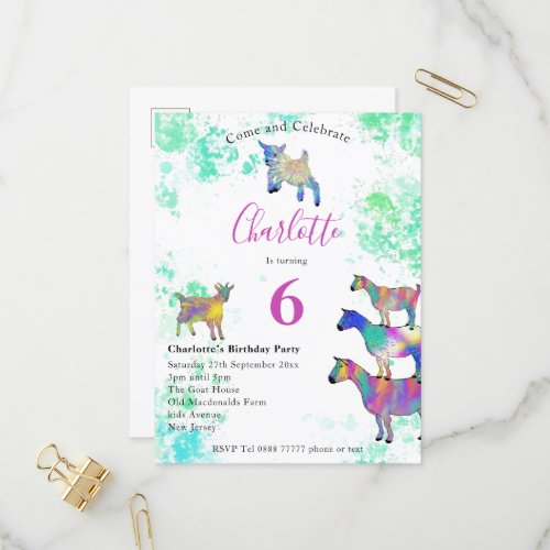 Cute Goats 6th Birthday party Invitation Postcard