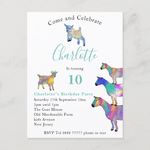Cute Goats Colorful Animals 10th Birthday  Invitation Postcard