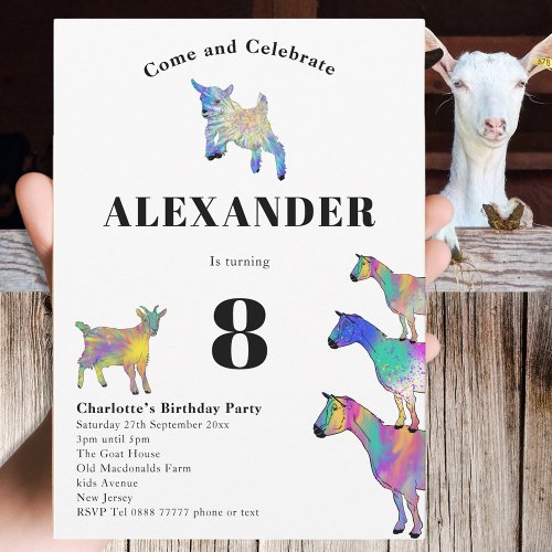 Cute Goats Colorful Farm Animal 8th Birthday Party Invitation