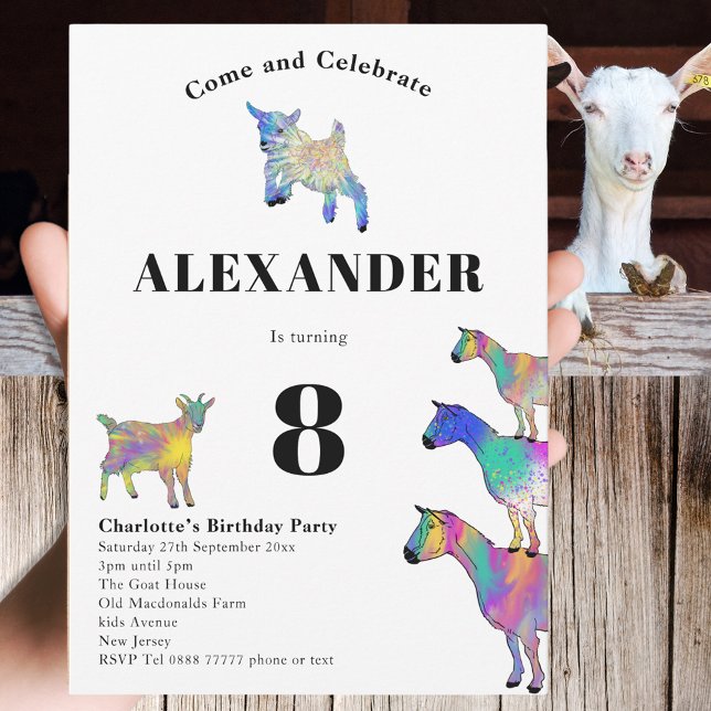 Cute Goats Colorful Farm Animal 8th Birthday Party Invitation (Cute goats colorful farm animal watercolor art 8th birthday party invitation)
