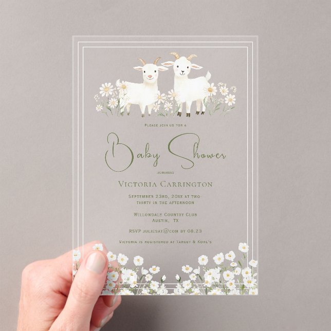 Cute Goats & Daisies Baby Shower Acrylic Invitations (Insitu (Handheld))