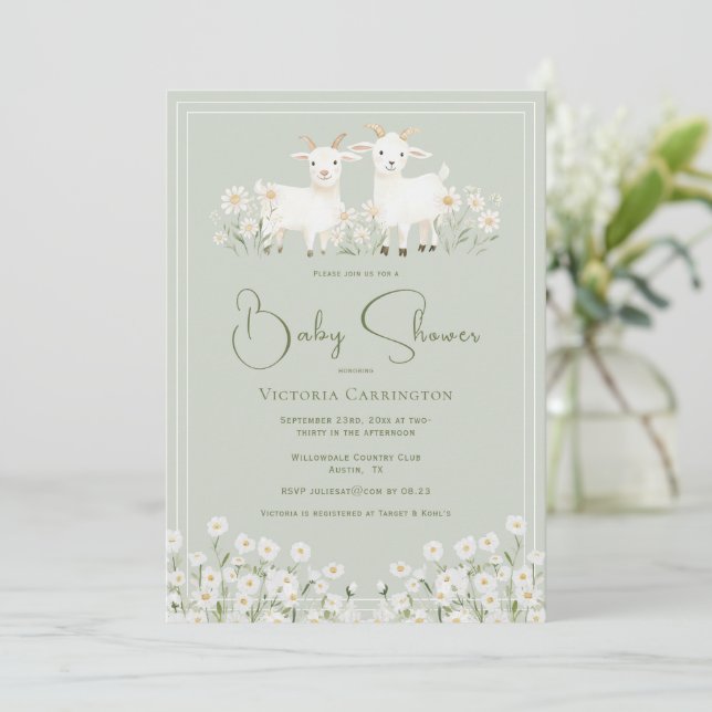 Cute Goats & Daisies Baby Shower Invitation (Standing Front)