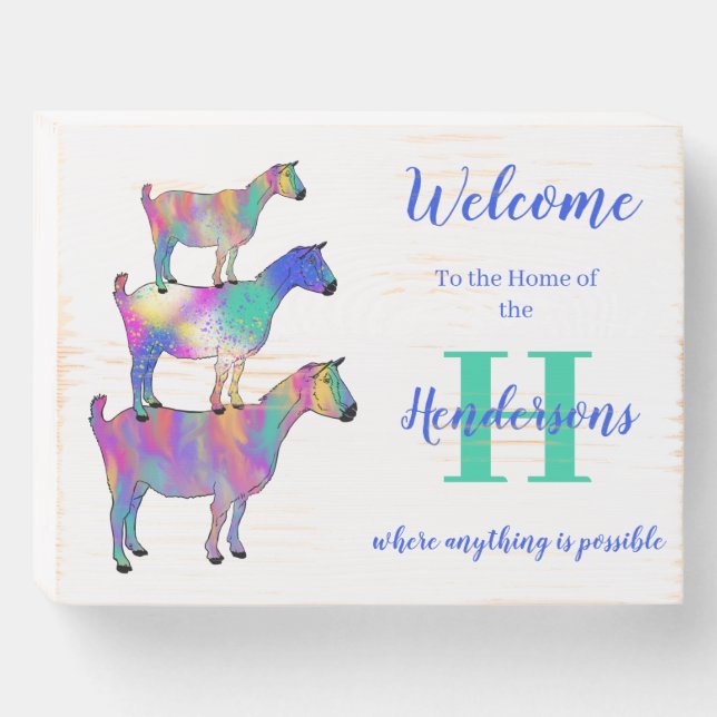 Cute goats Family Home Personalize Wooden Box Sign (Front Horizontal)