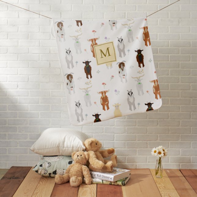 Cute Goats Farm Animals Monogrammed Baby Blanket (In Situ)