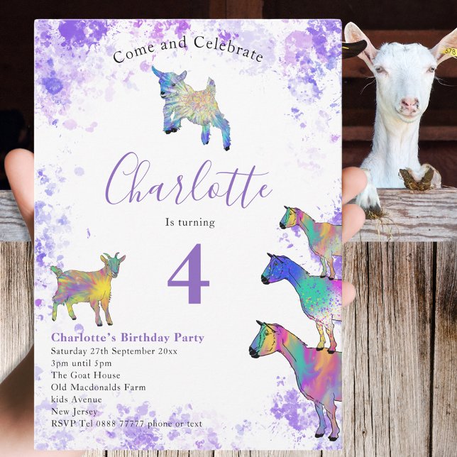 Cute Goats Farm Birthday Party Invitation (Farm goats 4th birthday party invitation colorful watercolor animal art)
