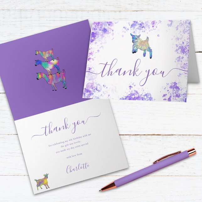 Cute Goats Farm Birthday Party Thank You Card (Colorful Watercolor goat farm theme kids birthday party thank you card)