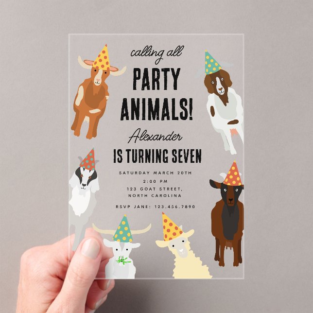 Cute Goats Farm Party Animals Goat Birthday Theme Acrylic Invitations (Insitu (Handheld))