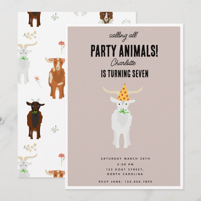 Cute Goats Farm Party Animals Goat Birthday Theme Invitation (Front/Back)