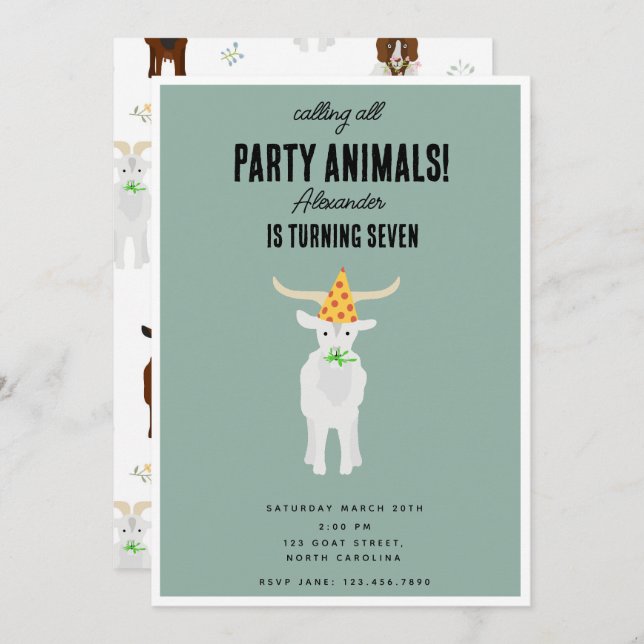Cute Goats Farm Party Animals Goat Birthday Theme Invitation (Front/Back)