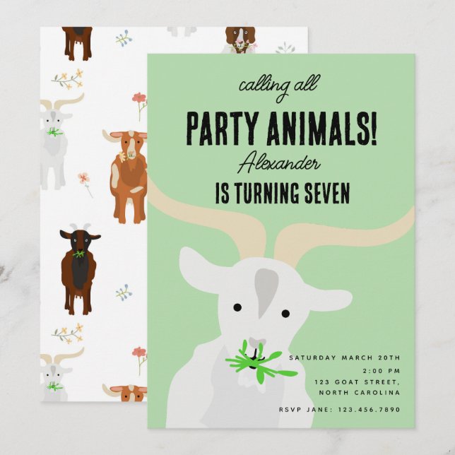 Cute Goats Farm Party Animals Goat Birthday Theme Invitation (Front/Back)