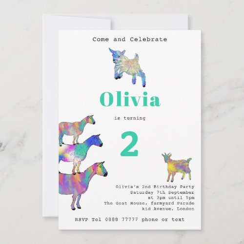 Cute Goats Girls 2nd Birthday Party Colorful Invitation