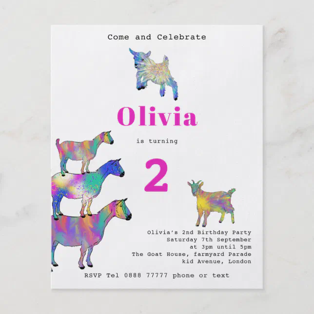 Cute Goats Girls 2nd Birthday Party pink Flyer | Zazzle