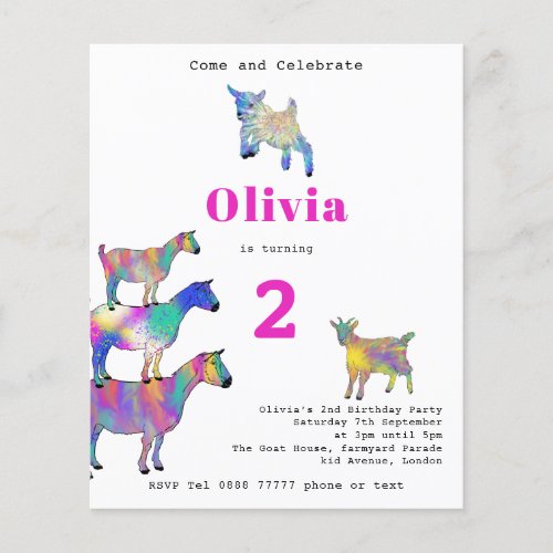 Cute Goats Girls 2nd Birthday Party pink Flyer