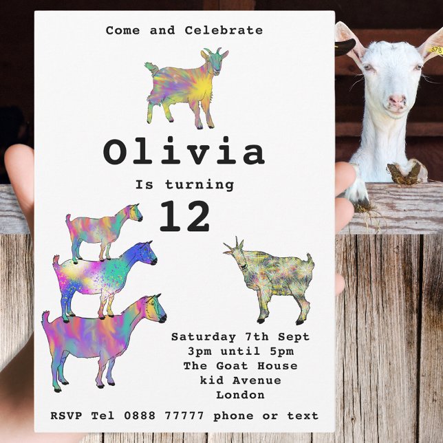Cute Goats Girls Birthday Party Colorful (Cute goats colorful farm animal art 12th birthday party invitation)