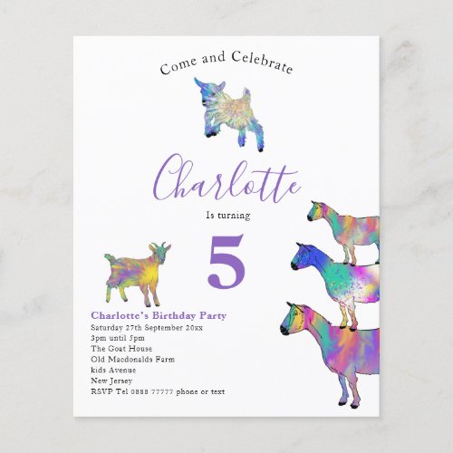 Cute Goats Girls Birthday Party Purple Budget Flyer