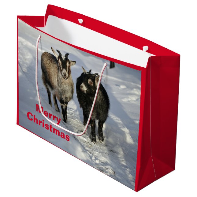 Cute Goats Snow Photo Christmas Large Gift Bag (Front Angled)