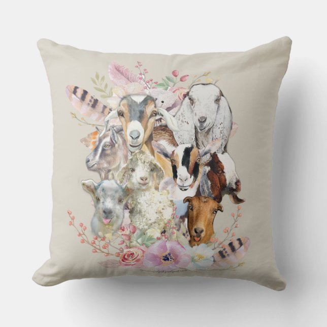 Cute GOATs | Watercolor Goat Portraits GetYerGoat™ Throw Pillow (Front)