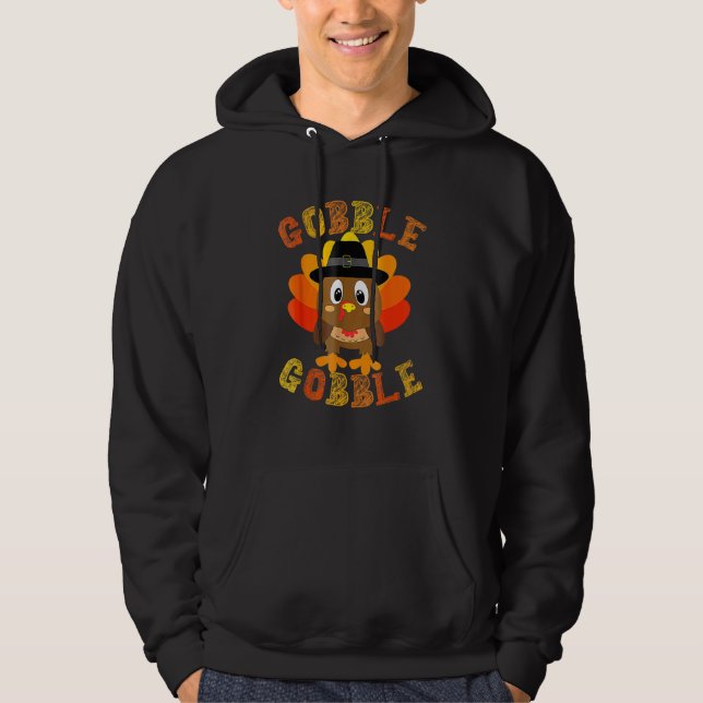 Cute Gobble Gobble Turkey Pilgrim Little Boys Than Hoodie (Front)