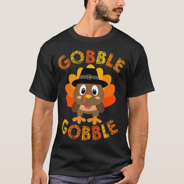 Cute Gobble Gobble Turkey Pilgrim Little Boys Than T-Shirt (Front)