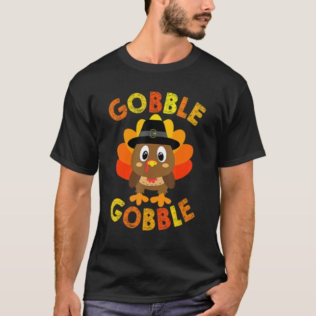 Cute Gobble Gobble Turkey Pilgrim Little Boys Than T-Shirt (Front)
