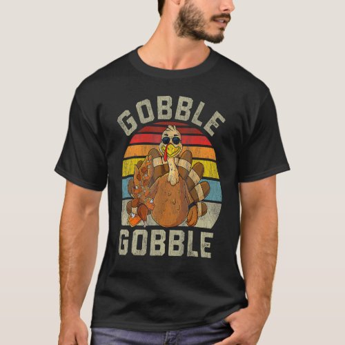 Cute Gobble Gobble Turkey Pilgrim Thanksgiving Ret T_Shirt