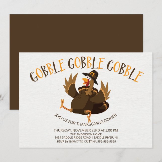 Cute Gobble Gobble Turkey Thanksgiving Invitation (Front/Back)